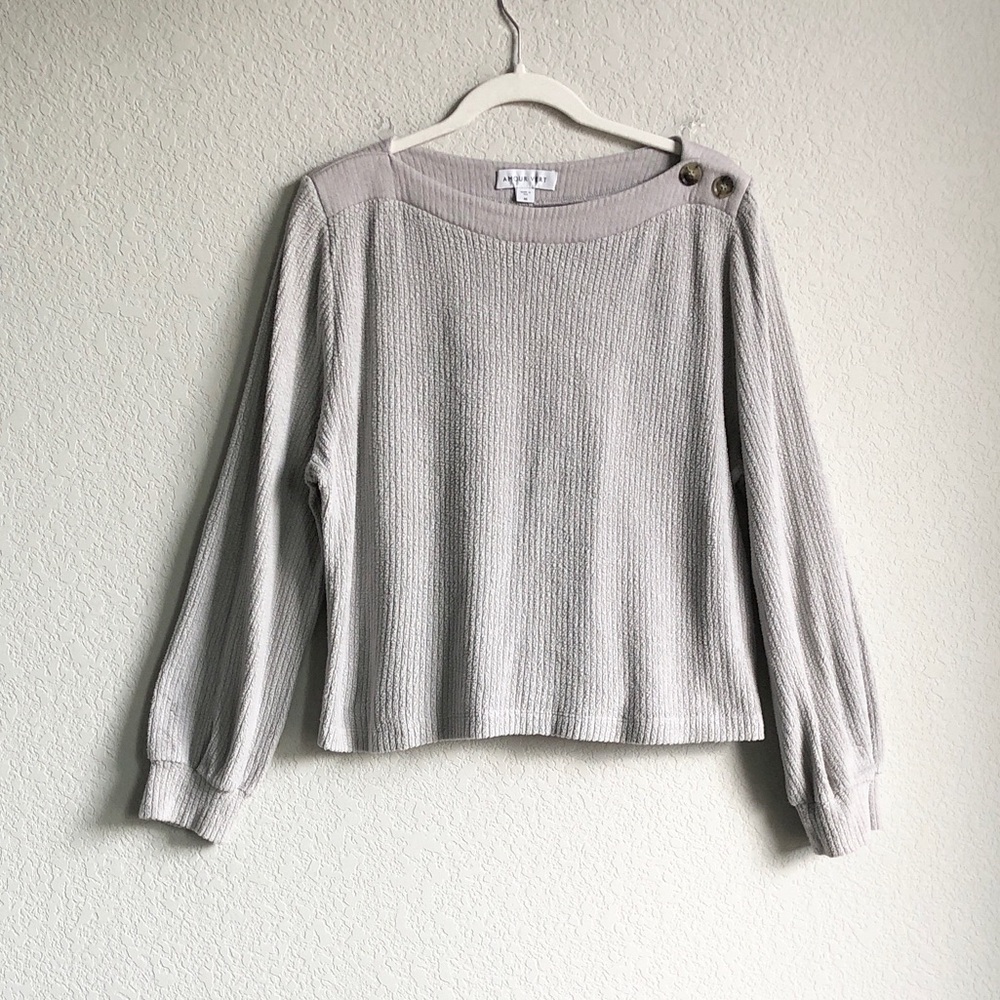 Amour Vert Cotton Modal Textured Boatneck Long Sleeve Top Shoulder Button Grey